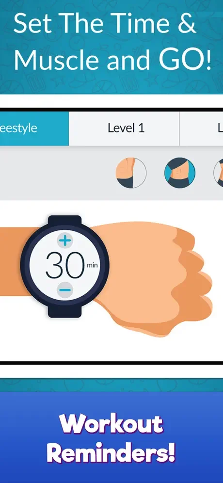 Workout timer customization screen set to 30 minutes with difficulty levels and targeted ab muscle group selection options