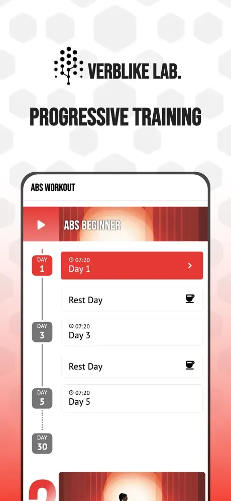 Six Pack Abs Workout Plan progressive training timeline showing ABS BEGINNER level with daily schedule, rest days, and 30-day workout plan with play button to start Day 1 exercise session