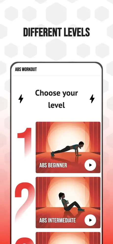 Six Pack Abs Workout Plan difficulty levels selection screen with ABS BEGINNER and ABS INTERMEDIATE workout options featuring exercise demonstration images and play buttons to choose fitness level