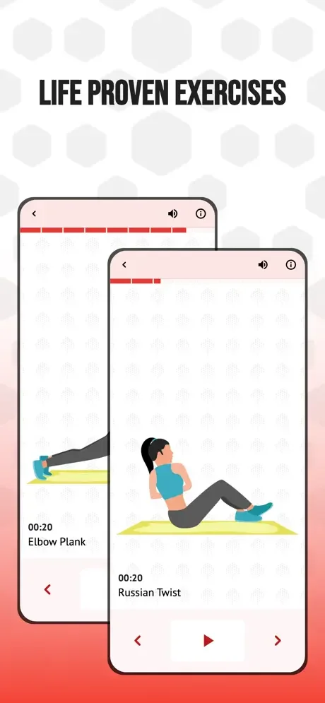 Six Pack Abs Workout Plan exercise library showing life proven exercises with video tutorials including Elbow Plank and Russian Twist demonstrations with 20-second timing and navigation controls