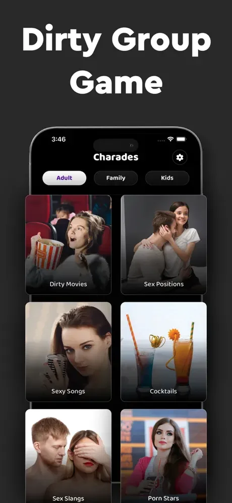 Adult Charades game categories: Dirty Movies, Sex Positions, Sexy Songs, Cocktails, Slangs, and Porn Stars in Actly app