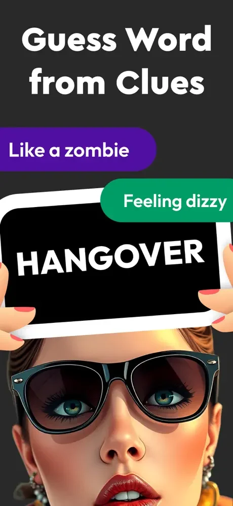 Charades clue-based guessing gameplay showing hints to guess word 'Hangover' in Actly headbands party game