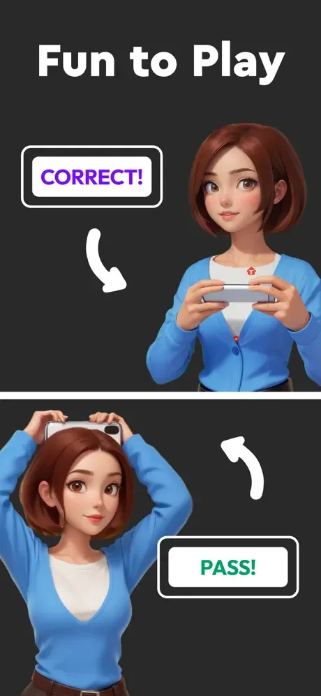 Actly Charades gameplay showing correct and pass buttons for guessing words and earning points in party game