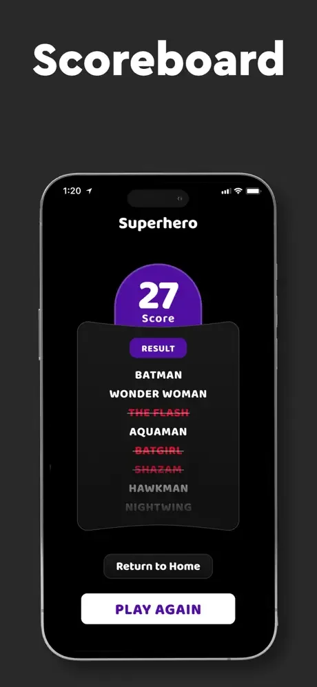 Actly Charades scoreboard showing score of 27 with guessed superhero words, strikethrough missed words, and play again option