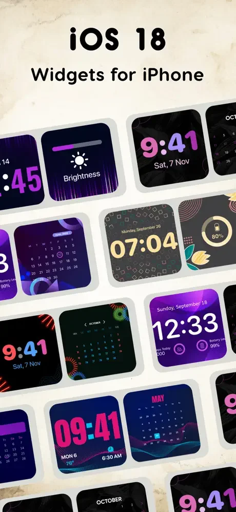 Colorful iOS 18 clock and calendar widgets in purple, pink, and gold customizable themes for iPhone personalization