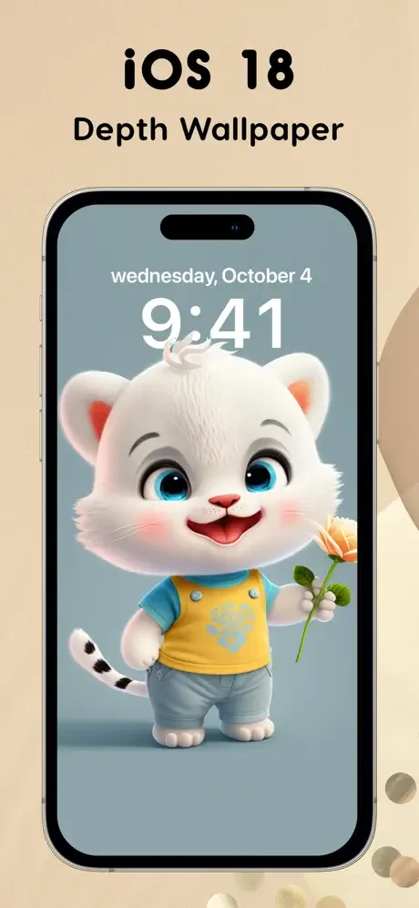 iOS 18 depth wallpaper featuring animated 3D cat character displayed on iPhone lock screen with time and date