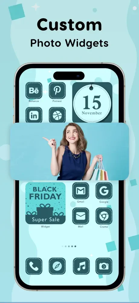 Custom photo widgets with social media icons, calendar widget, and promotional content displayed on iPhone home screen