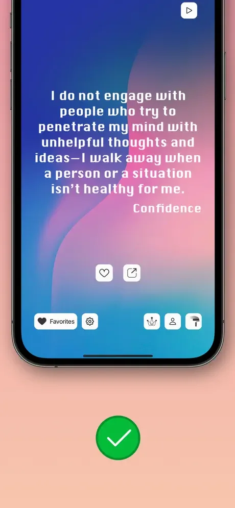 Daily affirmation quote about confidence with heart favorite button, share option, and navigation menu for browsing quotes