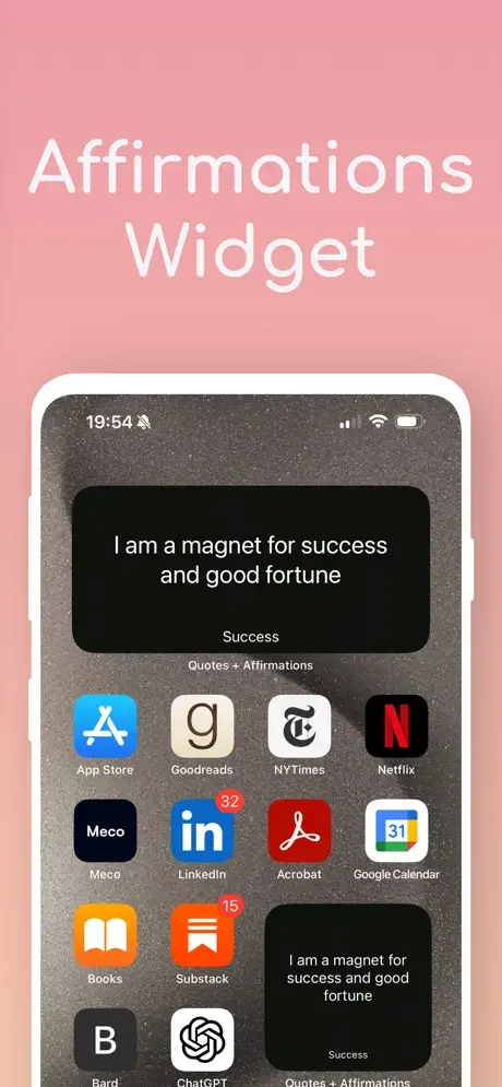 Affirmations Widget feature displaying motivational success quotes on iPhone home screen alongside installed apps and shortcuts