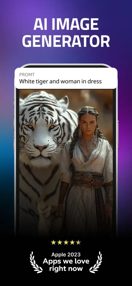 AI image generator with prompt showing photorealistic AI-generated white tiger and woman in dress portrait