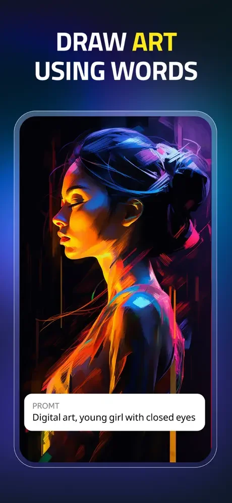 Text-to-art generator creating vibrant digital artwork from text prompt of young girl with neon colors