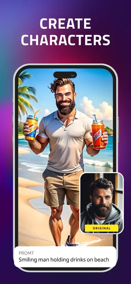 AI character creator generating beach scene with smiling man holding drinks with original generation badge