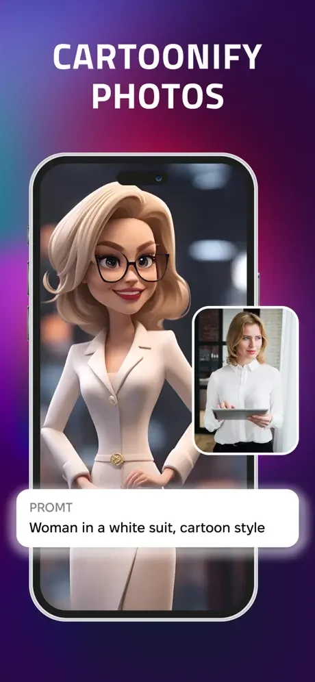 Photo cartoonification feature transforming real portrait into anime-style cartoon woman in white suit