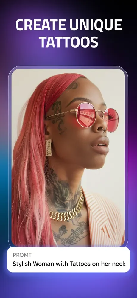 AI tattoo design generator creating unique neck tattoos on portrait with pink hair and gold accessories