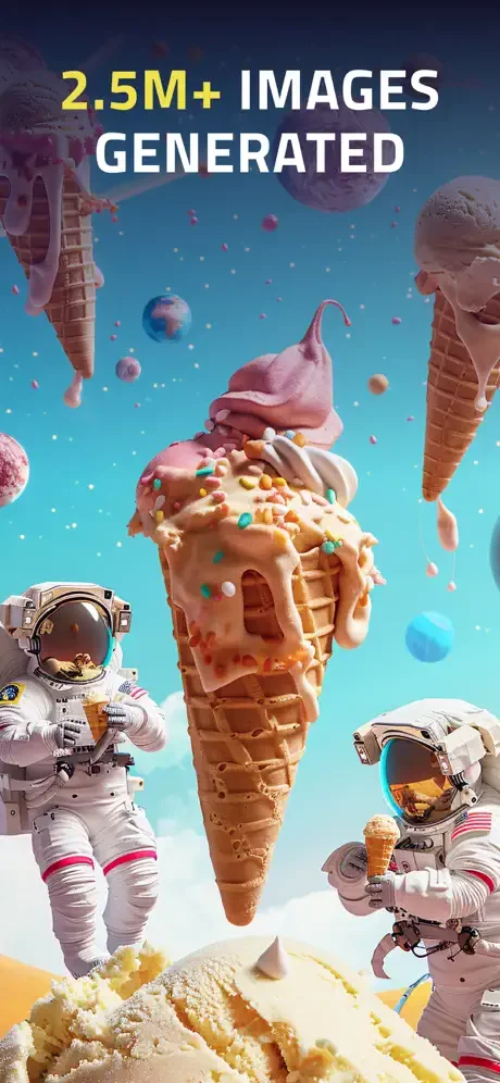 2.5M+ images generated milestone showcase featuring surreal ice cream cone and astronaut AI artwork
