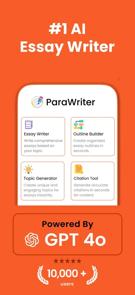 ParaWriter AI Essay Writer app showing Essay Writer, Outline Builder, Topic Generator, Citation Tool powered by GPT-4o