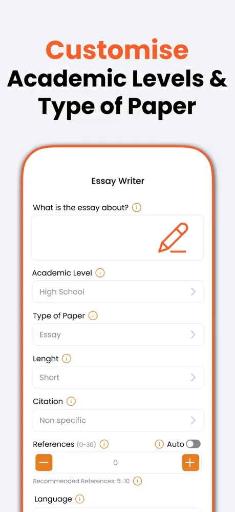 Essay Writer customization form: Academic Level, Paper Type, Length, Citation style, References count, Language settings
