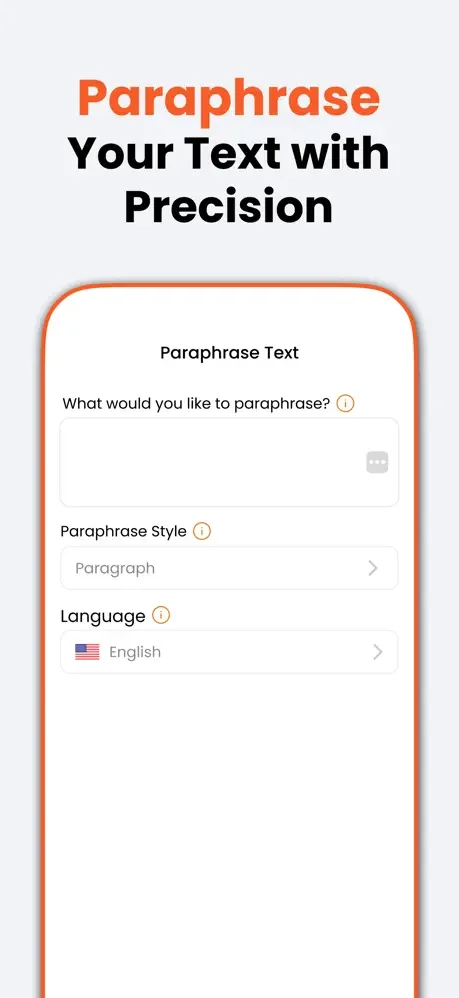 Paraphrase Text tool with input field, Paraphrase Style dropdown, Language (English) for AI text rewriting