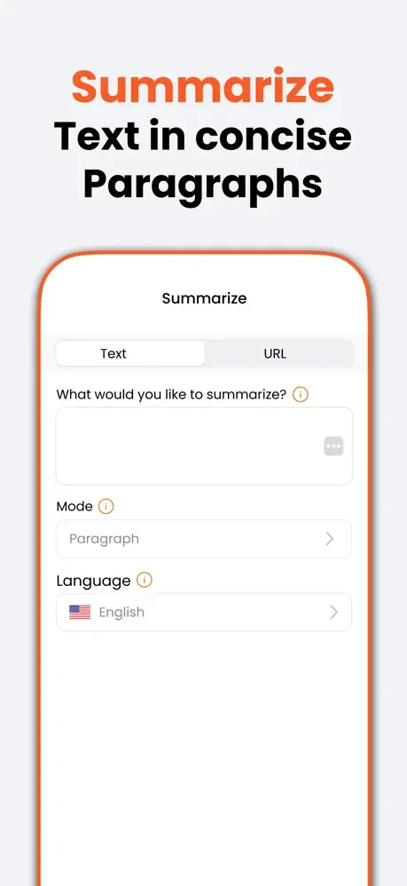 Summarize tool form with Text/URL tabs, summarization input field, Mode and Language settings for AI summarization