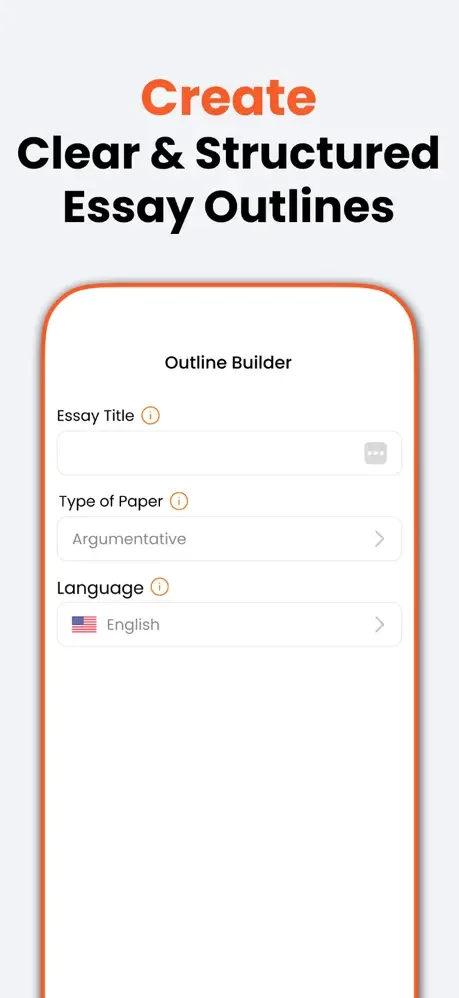 Outline Builder form with Essay Title, Paper Type (Argumentative), Language options for AI-powered essay structure