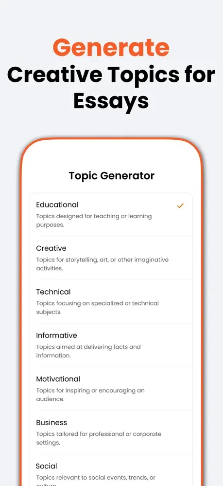 Topic Generator with essay topic categories: Educational, Creative, Technical, Informative, Motivational, Business, Social