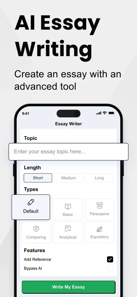 AI essay writing tool interface with topic input field, essay length options (Short, Medium, Long), multiple essay types (Default, Basic, Persuasive, Analytical), and features selection to generate essays