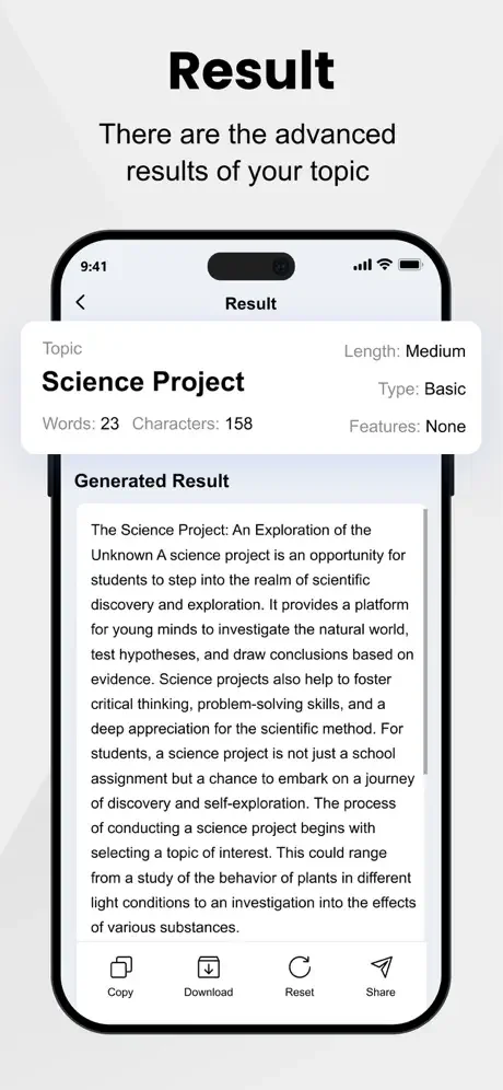 AI-generated essay result for Science Project showing essay content with word and character count, copy download reset and share action buttons