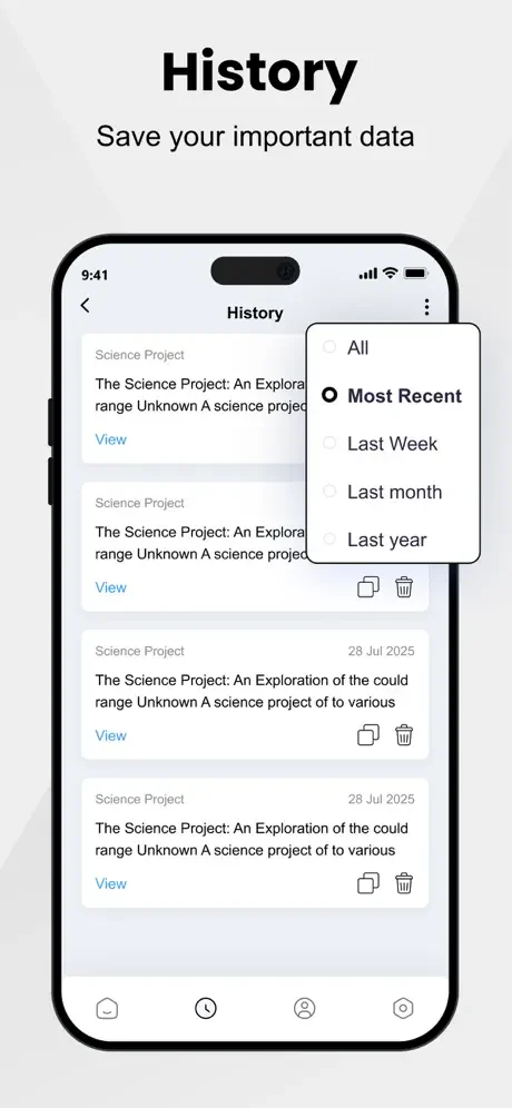 Essay history page displaying saved generated essays with filter menu showing sorting options for Most Recent, Last Week, Last month, and Last year