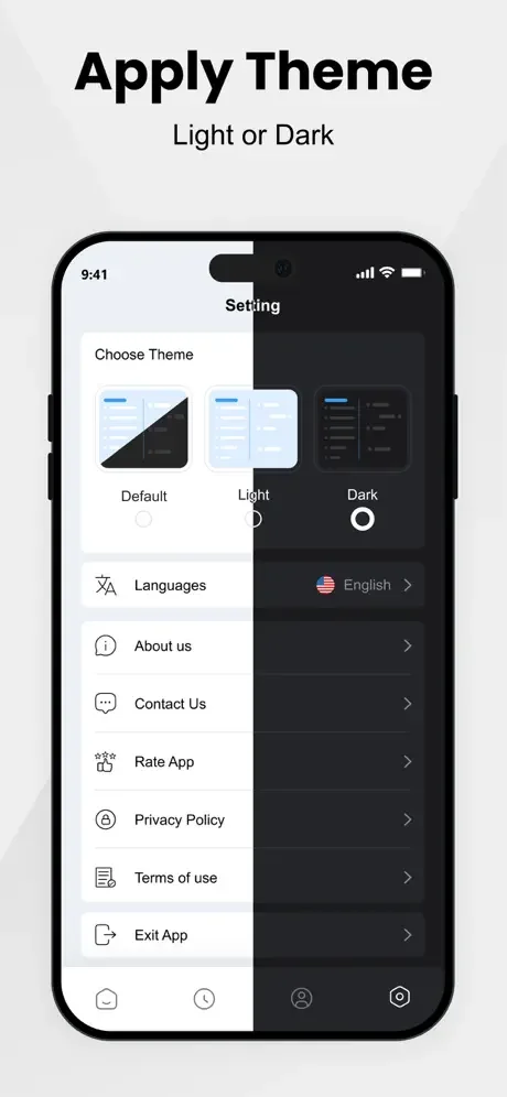 App settings menu with theme customization showing Default, Light, and Dark mode options, language selection, privacy policy, contact support, and other settings