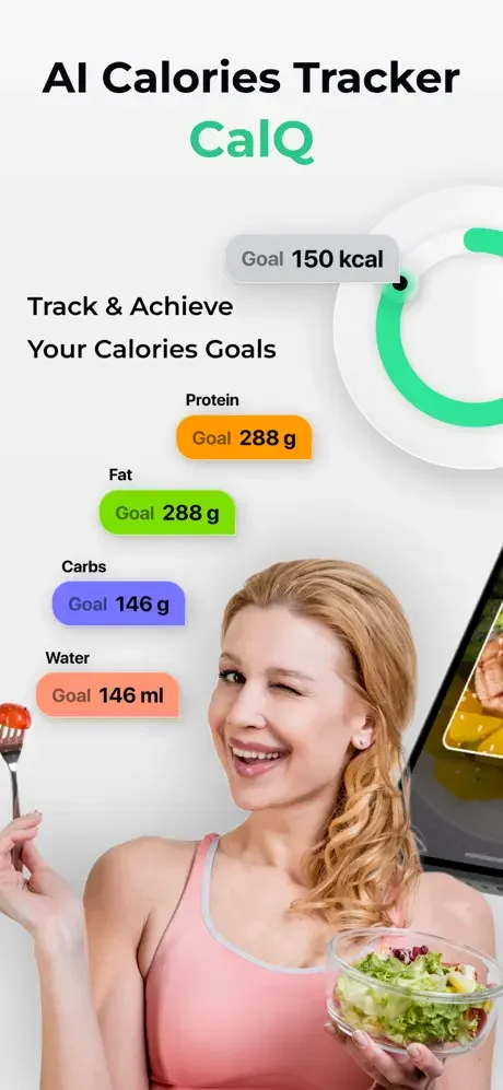 AI Calories Tracker CalQ app displaying nutrition goals: daily calorie, protein, fat, carbs, and water intake targets