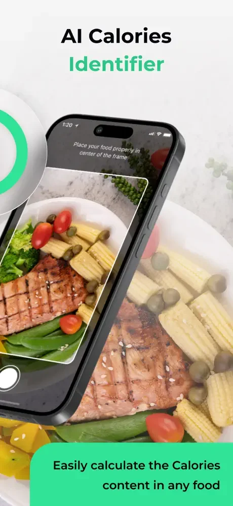 AI food identifier scanning meal photo to calculate calories and nutritional content of grilled meat and vegetables
