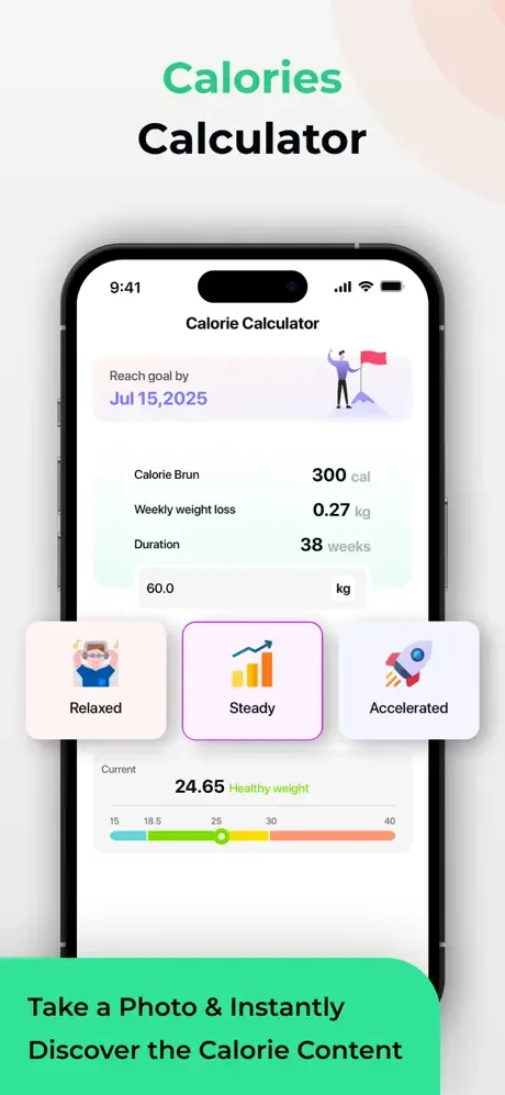 Calorie calculator showing personalized weight loss plan with 300-calorie burn, 38-week timeline, and healthy BMI