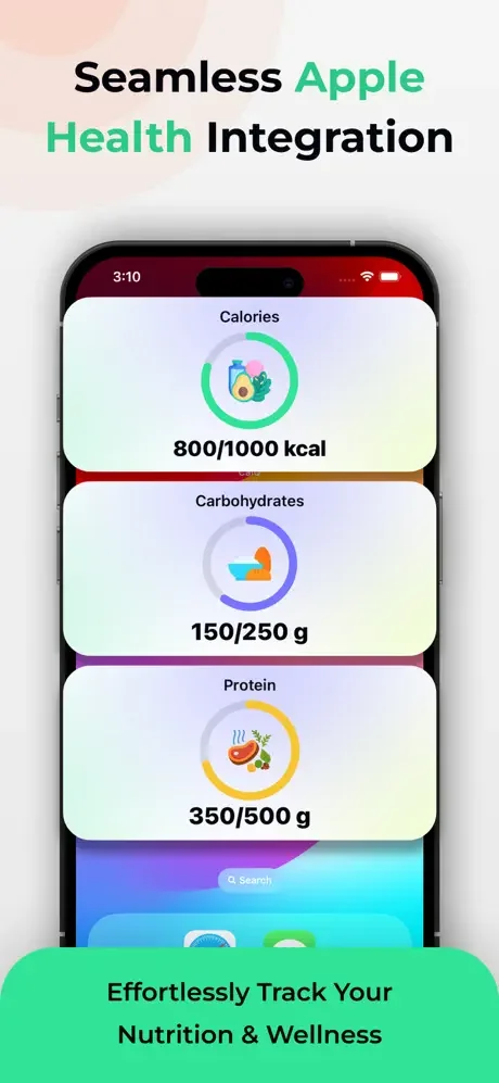 Apple Health nutrition tracker displaying daily macro goals: 800 calories, carbs, and protein intake with progress circles
