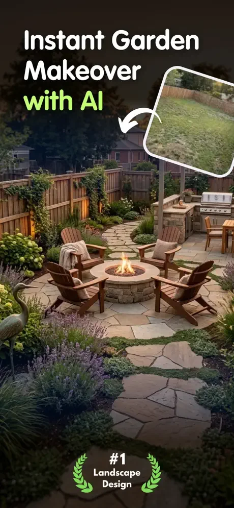 AI garden makeover app showing before/after backyard with AI-designed patio, furniture and firepit