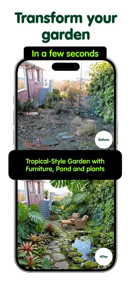 App showing quick tropical garden transformation with before/after smartphone preview of AI landscaping design
