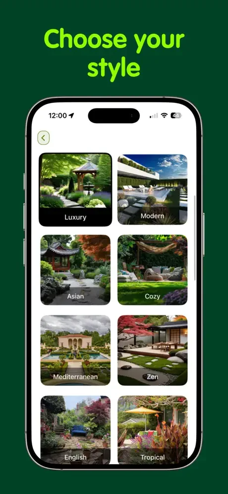 Landscape design style selector featuring eight garden themes: Luxury, Modern, Asian, Mediterranean, Zen, Tropical