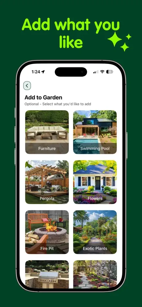 Add garden elements menu with optional landscaping choices: Furniture, Pool, Pergola, Flowers, Fire Pit, Plants
