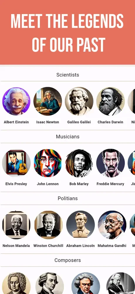 Browse historical figures by category: Scientists, Musicians, Politicians, and Composers with colorful portrait images