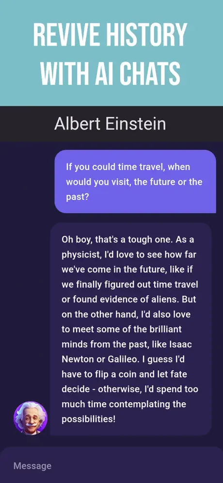 AI chat interface with Albert Einstein answering time travel questions in educational conversation format