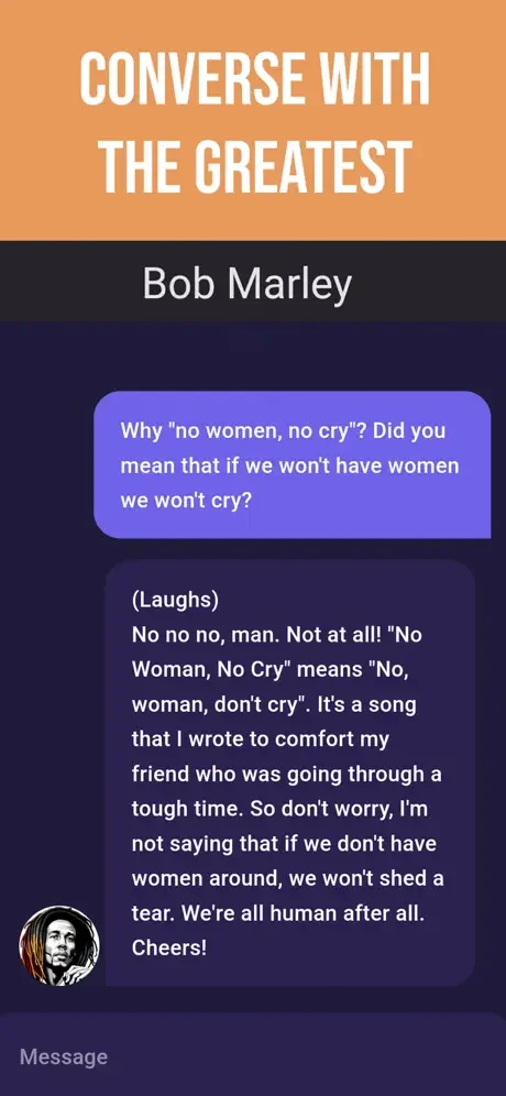 AI chat conversation with Bob Marley explaining the true meaning behind his iconic song 'No Women, No Cry'