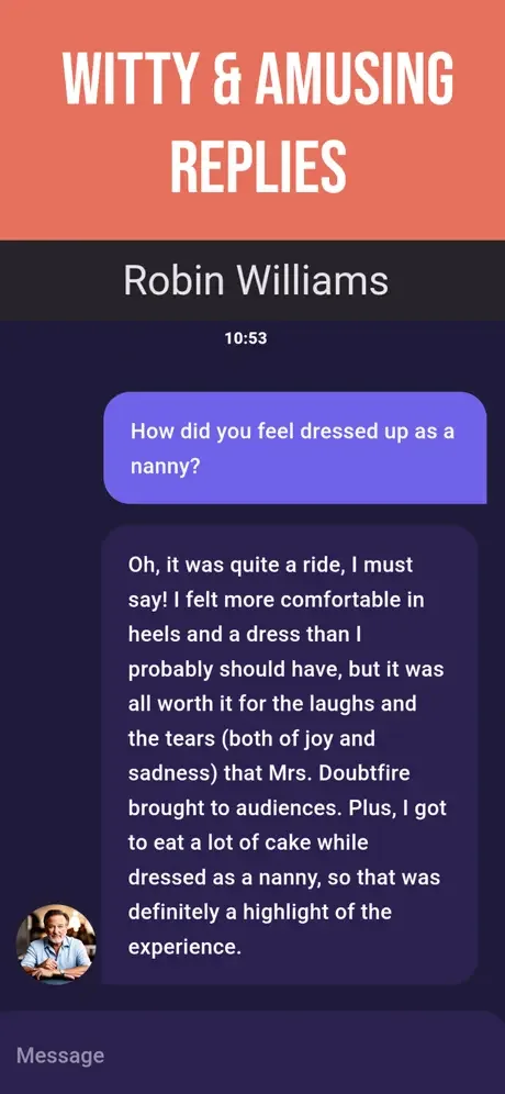 Witty AI chat with comedian Robin Williams sharing humorous stories about his nanny costume role experience