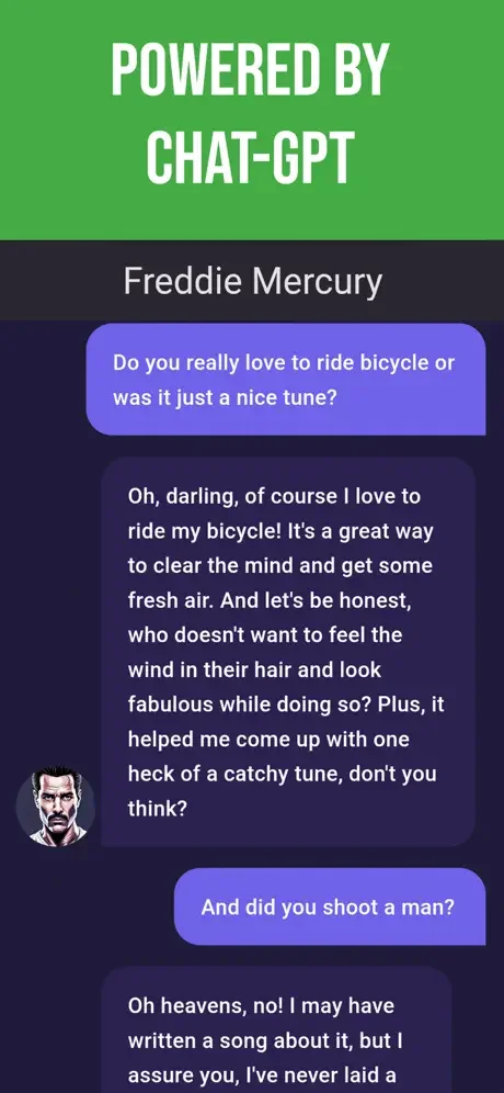 ChatGPT-powered AI chat with Freddie Mercury discussing bicycles and music in interactive educational dialogue