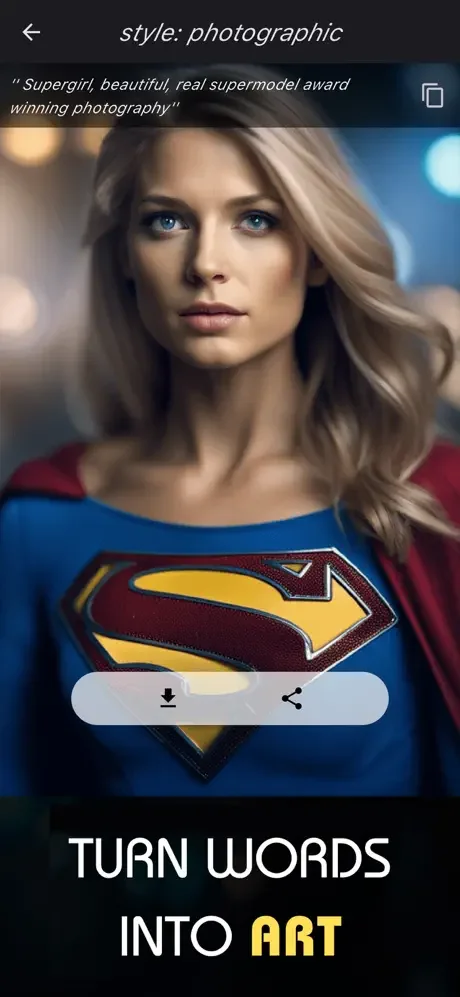 AI-generated photographic style portrait with download and share buttons for saving and sharing created artwork