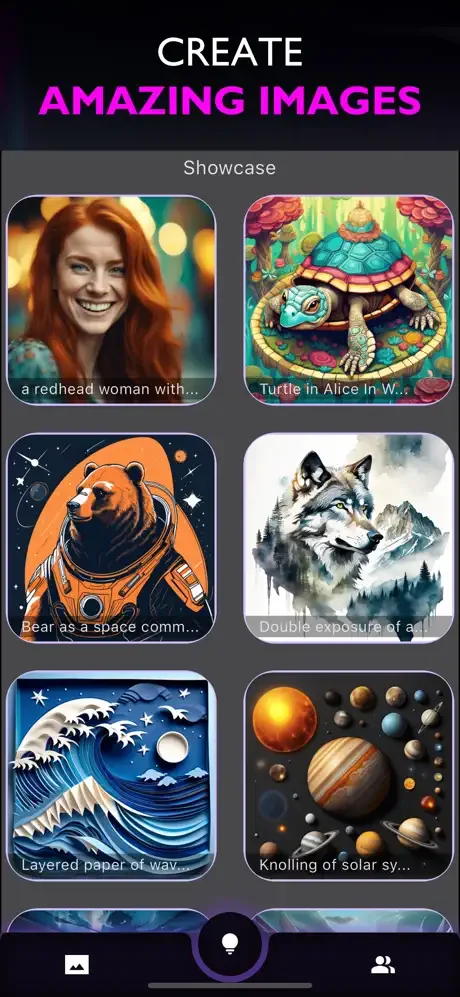 AI image showcase gallery displaying diverse generated artworks including portraits, animals, and abstract designs