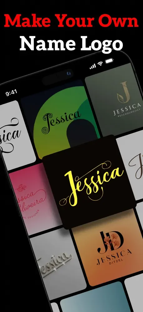 Name logo gallery showing AI-generated Jessica logo designs in multiple colors and typography styles for branding