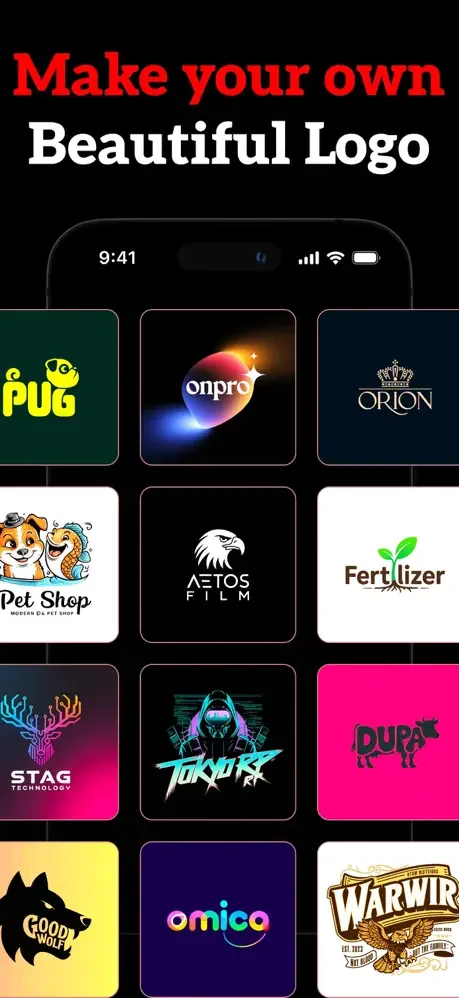 Logo Maker gallery displaying AI-generated logo designs across multiple industries and design styles with colors