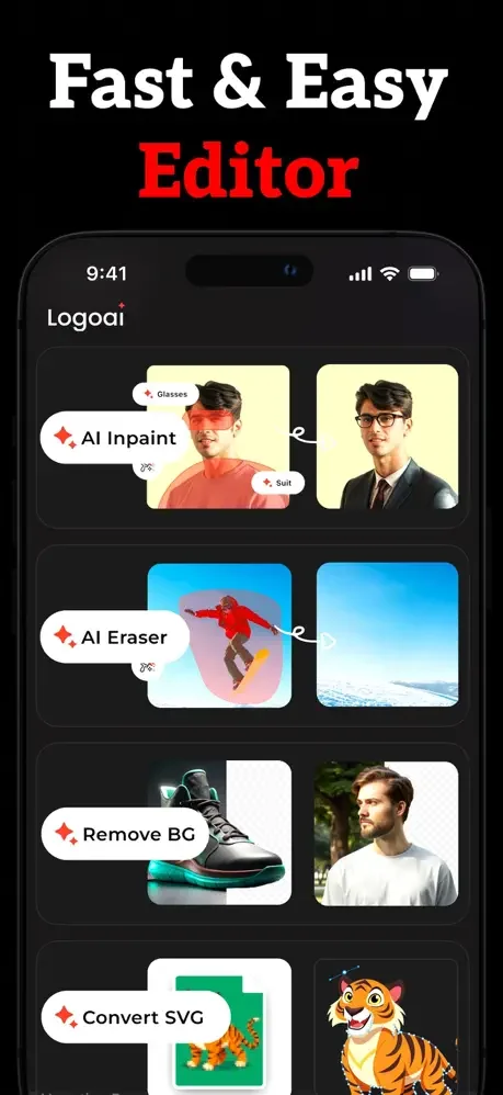Logo editing interface with AI tools including Inpaint, Eraser, Remove Background, and SVG conversion features