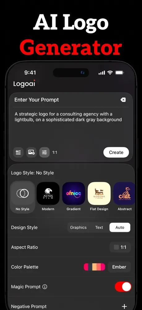 AI logo generator interface with customizable text prompt, design styles, color palette, and aspect ratio options