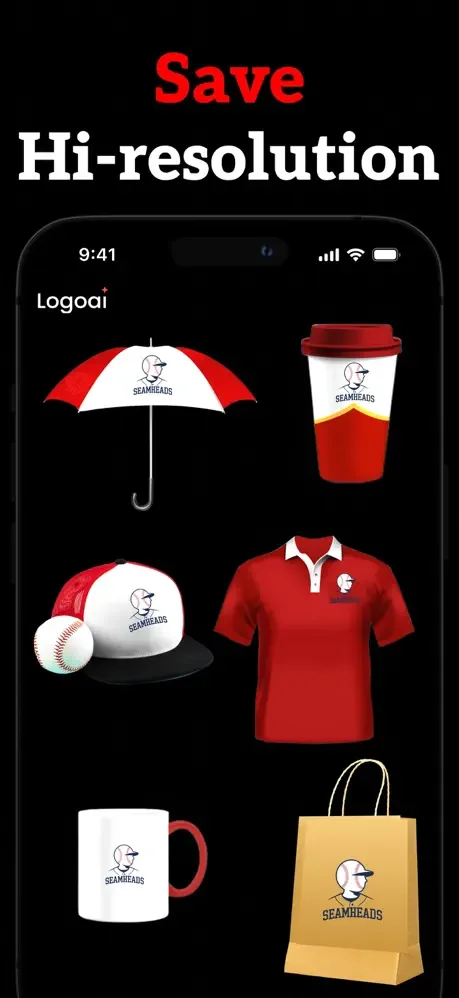 Logo mockup generator displaying AI-created design applied to merchandise including umbrellas, cups, shirts, bags