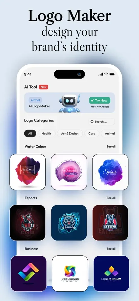 Logo Maker app home screen with AI logo tool, design categories, and watercolor, esports, and business logo templates
